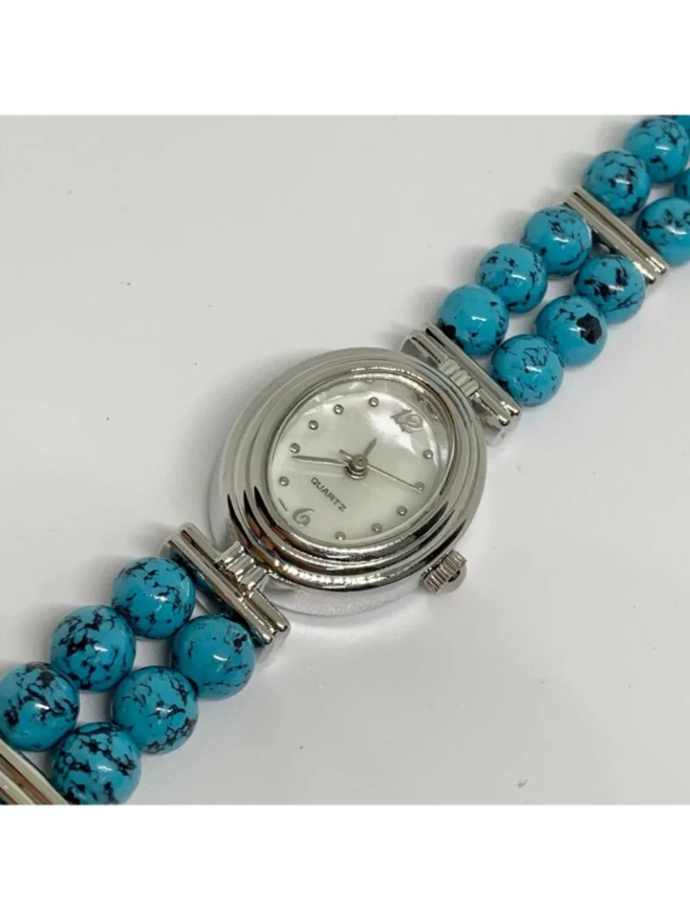 turquoise beaded bracelet silver tone women watch mop dial 19mm oval 7” running